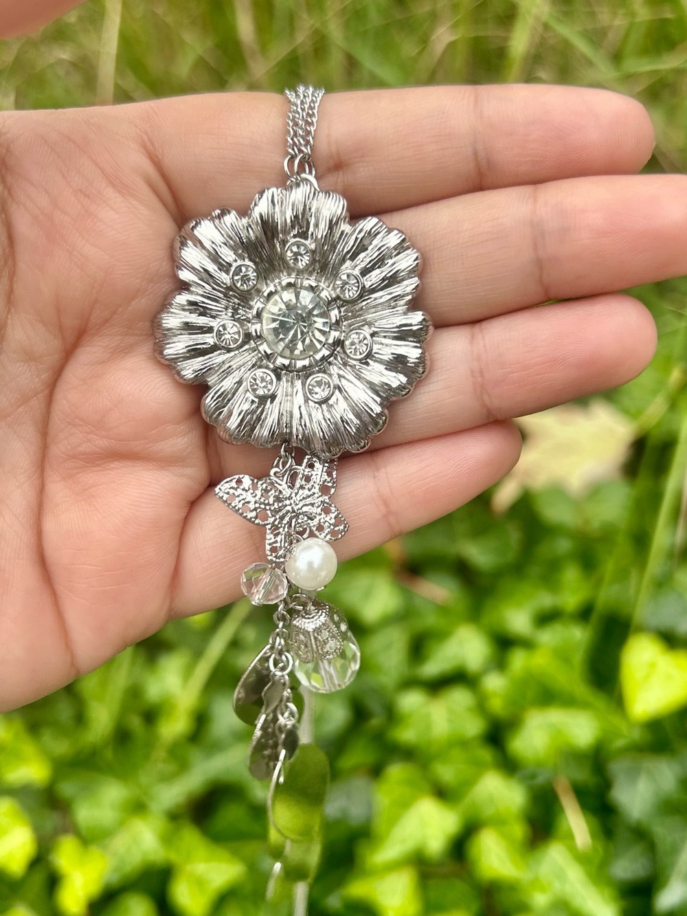 Silver Flower Butterfly Tassel Long Lariat Necklace